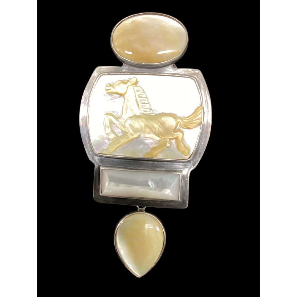 Vintage Sterling Silver 925 Mother Of Pearl Carved Horse Cameo Mint Condition